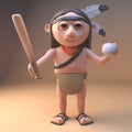 Cartoon native American Indian holding a baseball bat and ball, 3d illustration