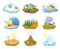 Cartoon natural disasters and catastrophes, extreme weather. Earthquake, flood, forest fire, hurricane, tsunami disaster