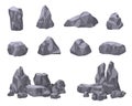 Cartoon natural stones. Rock piles, stone 3d elements. Isolated broken pebbles, giant boulder. Grey cracked mountain and
