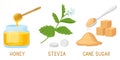 Cartoon natural sweeteners. Honey, stevia pills and plants, brown cane sugar cubes isolated vector illustration set