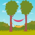 Cartoon Nature Background. Hammocks on a tree. Vector