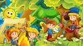 Cartoon nature background with kids having fun in the forest camping with tent Royalty Free Stock Photo