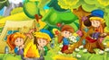 Cartoon nature background with kids having fun in the forest camping with tent Royalty Free Stock Photo