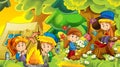 Cartoon nature background with kids having fun in the forest camping with tent - illustration Royalty Free Stock Photo