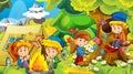 Cartoon nature background with kids having fun in the forest camping with tent Royalty Free Stock Photo