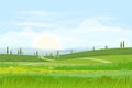 Cartoon Nature landscape background of green hills with skyline, Panorama lanscape of Fresh green field and wavvy of mountains Royalty Free Stock Photo