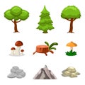 Cartoon nature landscape elements set, trees, stones and grass clip art Royalty Free Stock Photo