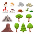 Cartoon nature landscape elements set, trees, stones and grass clip art Royalty Free Stock Photo