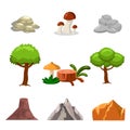 Cartoon nature landscape elements set, trees, stones and grass clip art Royalty Free Stock Photo