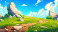 Cartoon nature landscape green plain or field with dirt road, grass, rocks and fluffy clouds, picturesque scenery Royalty Free Stock Photo