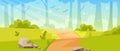 Cartoon Nature Landscape, Path Under Blue Sky With Fluffy Clouds, Scenery Background For Game. Rural Dirt Road Royalty Free Stock Photo