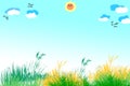 Cartoon nature landscape with sunrise with birds in the sky and grass vector Royalty Free Stock Photo