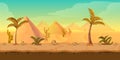 Cartoon nature sand desert landscape with palms, herbs and mountains. Vector game style illustration