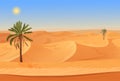 Cartoon nature sand desert landscape with palms, herbs and mountains.