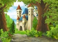Cartoon nature scene with beautiful castle with frame for text