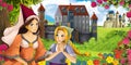 Cartoon nature scene with beautiful castles near the forest with beautiful young princess sorceress and girl - illustration