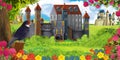 Cartoon nature scene with beautiful castles near the forest and resting cuckoo bird