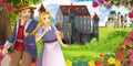 Cartoon nature scene with beautiful castles near the forest with beautiful young girl daughter and father - illustration for the