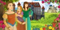 Cartoon nature scene with beautiful castles near the forest with beautiful young girls sisters and mother - illustration for the