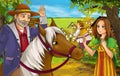 Cartoon nature scene with beautiful farm village near the forest with beautiful young girl daughter and father - illustration