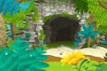 Cartoon nature scene with jungle and cave nobody on scene