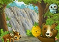 Cartoon nature scene near the forest with a path and animals - illustration