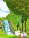 Cartoon nature scene with waterfall with castle in background Royalty Free Stock Photo