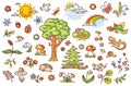 Cartoon nature set with trees, flowers, berries and small forest animals