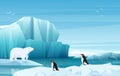 Cartoon nature winter arctic landscape with ice mountains. White Bear and penguins. Vector game style illustration. Royalty Free Stock Photo