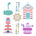 cartoon nautical set isolated on white, vector illustration Royalty Free Stock Photo