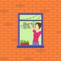 Cartoon Neighbor Character into the Window. Vector