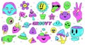 Cartoon Neon Psychedelic Stickers, Abstract Hipster Retro Emojis. Hippy Stickers With Mushrooms, Scull And Flowers