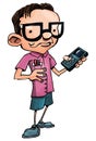 Cartoon nerd with glasses and a smartphone Royalty Free Stock Photo