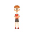 Cartoon nerd schoolboy standing with book in hand. Education concept. Smart kid character with two large front teeth in