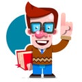 Cartoon Nerd Student Standing With A Book In His Hand. Concept Of Education. Smart Guy With Glasses. Flat Vector