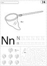 Cartoon net and nesting box. Alphabet tracing worksheet: writing