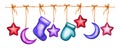 Cartoon New Year garland, mittens, socks, stars moon hand-painted watercolor New Year illustration Royalty Free Stock Photo