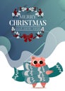 Cartoon New Year`s piglet standing in scarf poster card lettering text logo design,