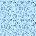 Cartoon newborn baby boy clothes toys things monochrome blue line art vector seamless pattern texture background Royalty Free Stock Photo