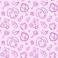 Cartoon newborn baby girl clothes toys things monochrome pink line art vector seamless pattern texture background Royalty Free Stock Photo