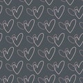 Cartoon nice hearts stitched together. Vector seamless pattern with lovely elements on dark gray background.