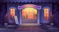 Cartoon night bar exterior. Street shop. Restaurant door porch. People drinking alcohol in pub. Outside dark facade of