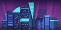 Cartoon night city. Skyline landscape with megapolis buildings and neon lights, futuristic violet skyscrapers. Vector Royalty Free Stock Photo