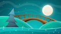 Cartoon night landscape. Moon, bridge, fir, sky illustration