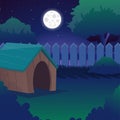Cartoon night landscape with starry sky, full moon, trees and bushes with green foliages, wooden fence. Backyard with