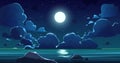 Cartoon night sea sky. Midnight sky with moon, blue moonlight and stars, magic evening seascape of ocean shore and Royalty Free Stock Photo