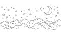 Hand-Drawn Moon and Stars Over Clouds on White Background Royalty Free Stock Photo