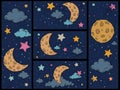 Cartoon night sky. Hand drawn print with stars, moon and clouds. Childish space pattern for sleep with starry galaxy, vector