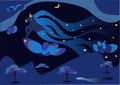 Night cartoon landscape over the forest. A unicorn flies in the sky and scatters stars