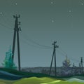 Cartoon night summer background of the suburb with power line supports